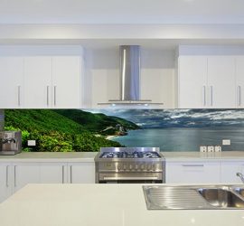Modern kitchen with printed glass splashback