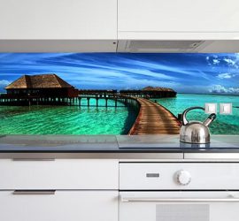 Modern kitchen with printed glass splashback